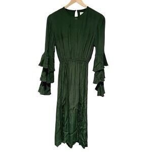 S/W/F Tier Ruffle Sleeve Midi Dress Women Small‎ Green Boho Romantic Cottagecore